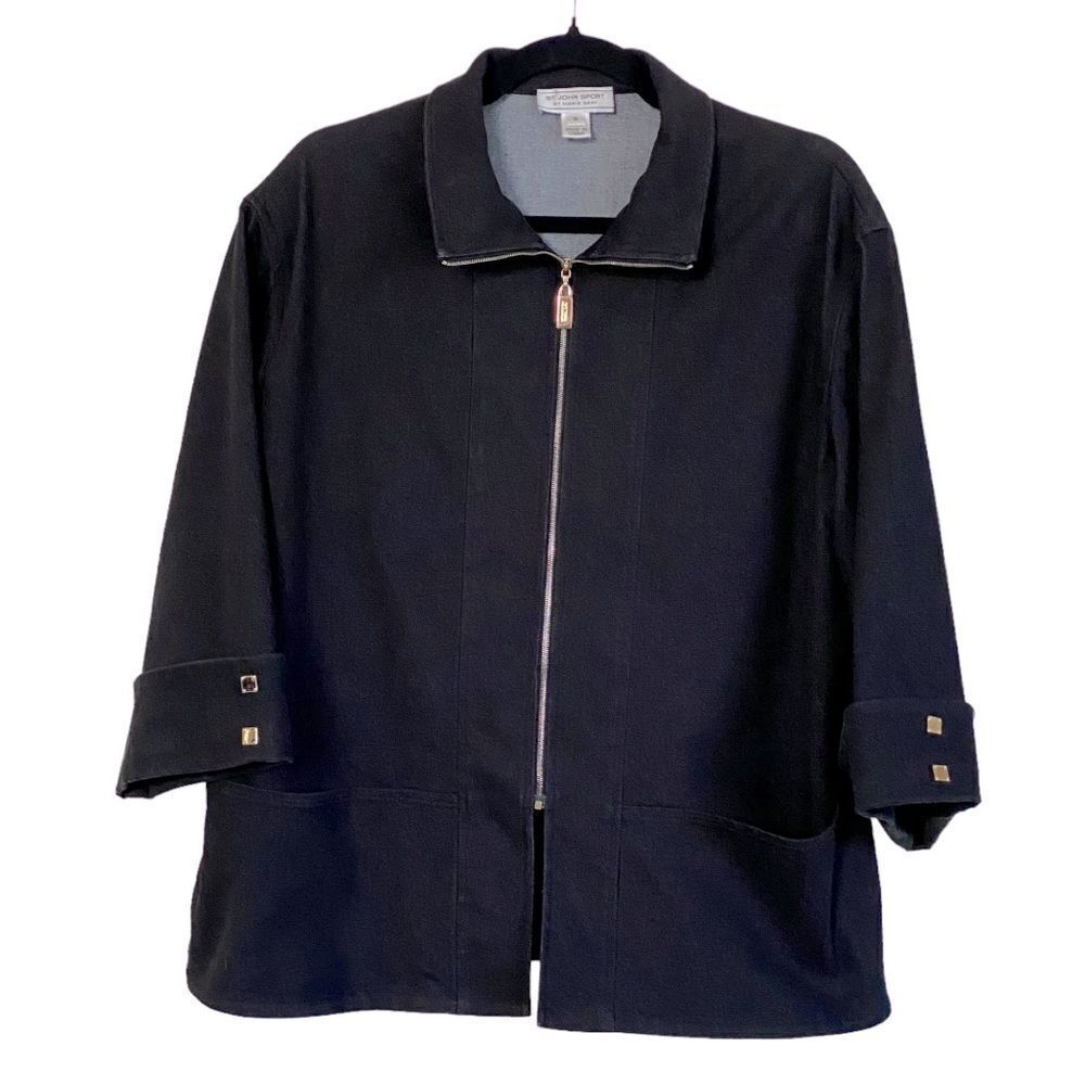 St John Sport by Marie Gray Black Denim Zip Up Jacket Sz S - Picture 1 of 12